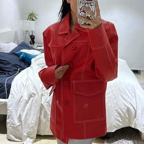 Red Boxy Pleather Coat - Picture 4 of 9